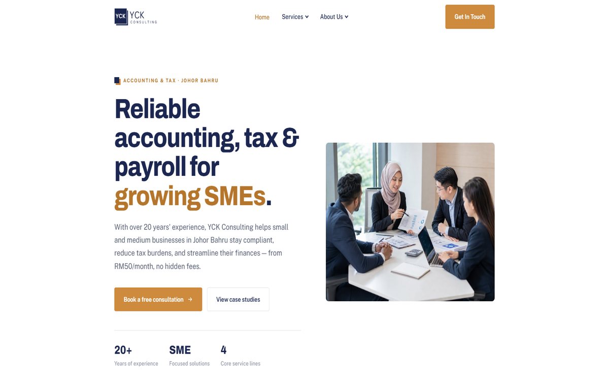 YCK Consulting homepage — accounting, tax and payroll website built by Lucco